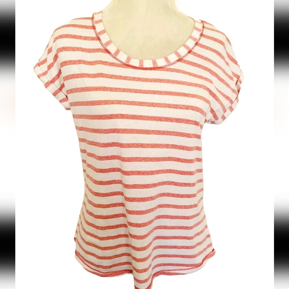 Faded Glory Women's Orange And White Stripe Shirt Scoop Neck Cotton Blend Medium